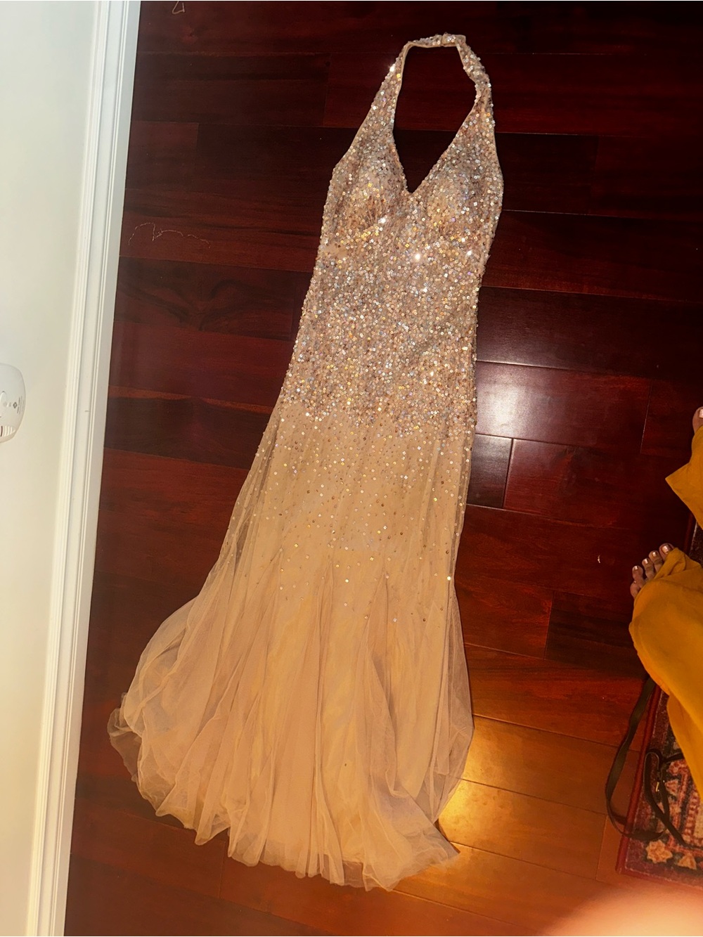 Sequin Halter Evening Gown in Champagne